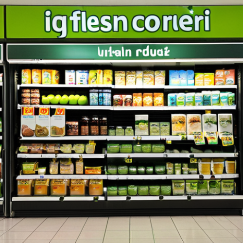 **

A "Green Corner" display in a Turkish supermarket. Focus on clearly labeled sustainable products like "Made from Recycled Materials" (Geri Dönüştürülmüş Malzemeden Üretilmiştir) and "Low Carbon Footprint" (Karbon Ayak İzi Düşük). Include a sign with "X liters of water saved" (Bu ürünün üretimi için X litre su tasarrufu yapılmıştır) next to a product. The overall scene should be bright and inviting, emphasizing the availability of eco-friendly choices in a typical Turkish grocery store.

**
