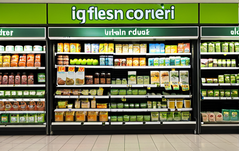 **
A "Green Corner" display in a Turkish supermarket. Focus on clearly labeled sustainable products like "Made from Recycled Materials" (Geri Dönüştürülmüş Malzemeden Üretilmiştir) and "Low Carbon Footprint" (Karbon Ayak İzi Düşük). Include a sign with "X liters of water saved" (Bu ürünün üretimi için X litre su tasarrufu yapılmıştır) next to a product. The overall scene should be bright and inviting, emphasizing the availability of eco-friendly choices in a typical Turkish grocery store.
**